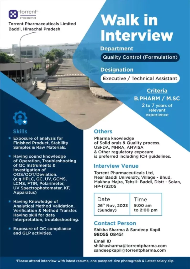 Torrent Pharmaceuticals Walk-In Interview for Quality Control (Formulation)