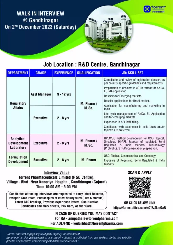 Torrent Pharma Walk-in Drive RA, ADL, FD