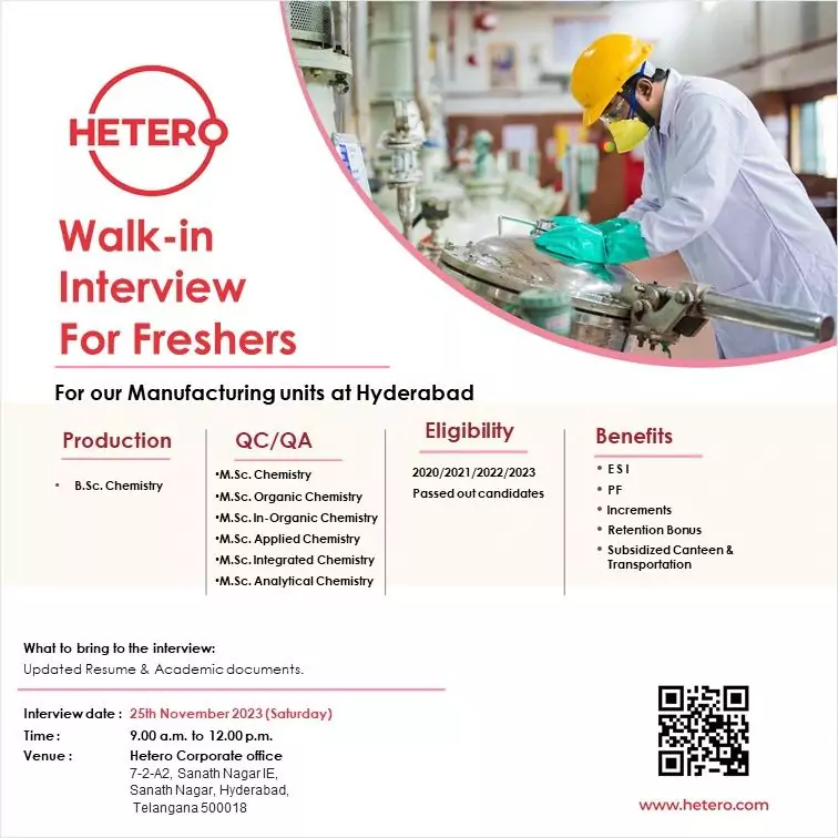 Walk-in Interviews for BSc/MSc Chemistry Freshers at Hetero Corporate