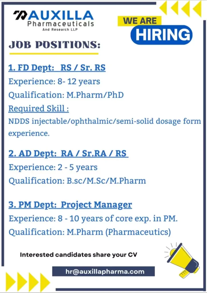 Auxilla Pharmaceuticals Hiring FD, AD, Project management Professionals