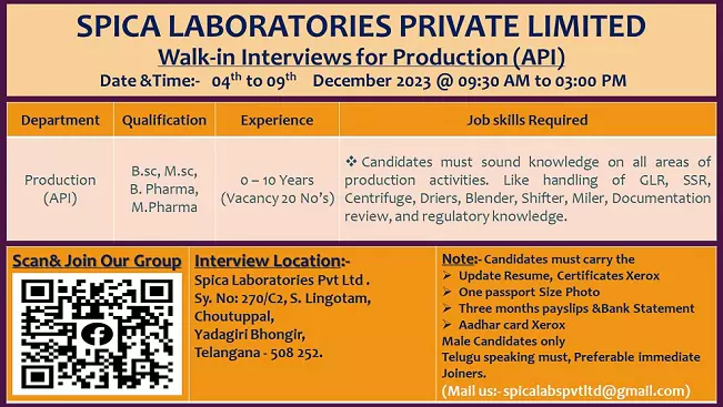 BSc, MSc, Pharma, Fresher walkin Hyderabad Spica Laboratories