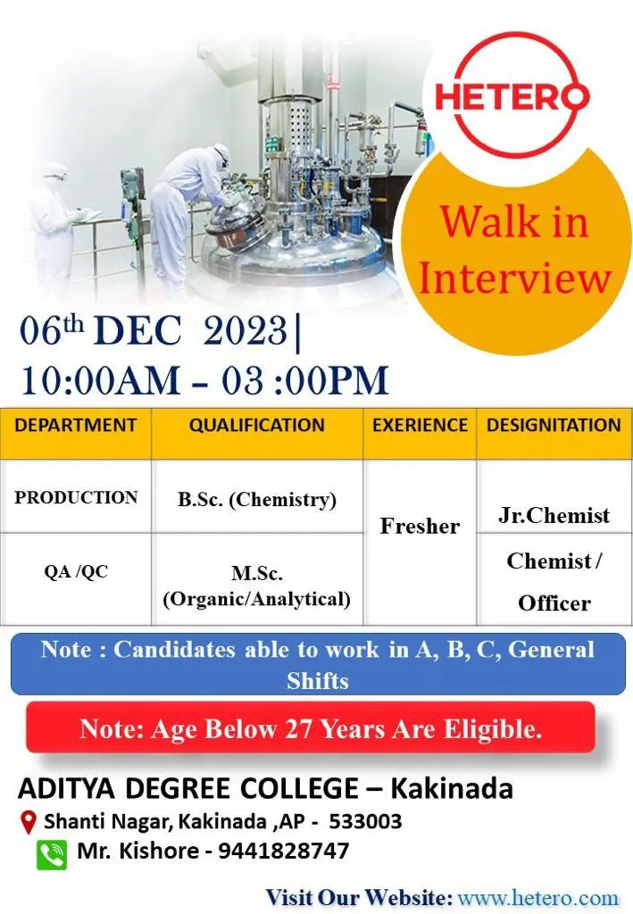 Bsc, Msc Chemistry fresher jobs at Hetero hyderabad