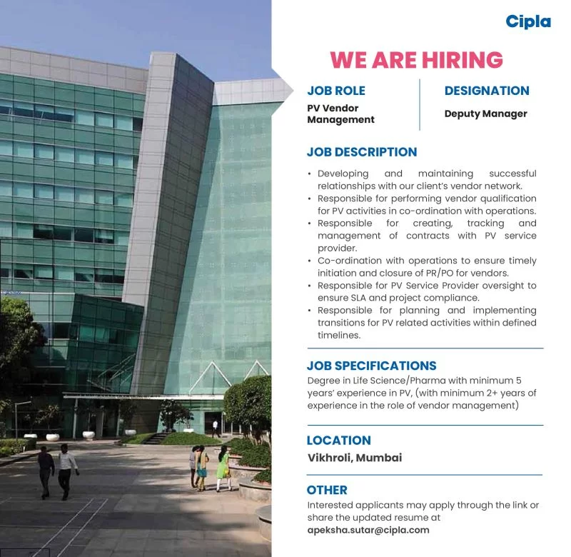 Cipla Hiring PV Vender management professionals