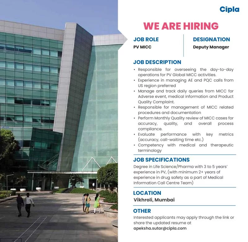 Cipla LIMITED Hiring Pharmacovigilance MICC Professionals