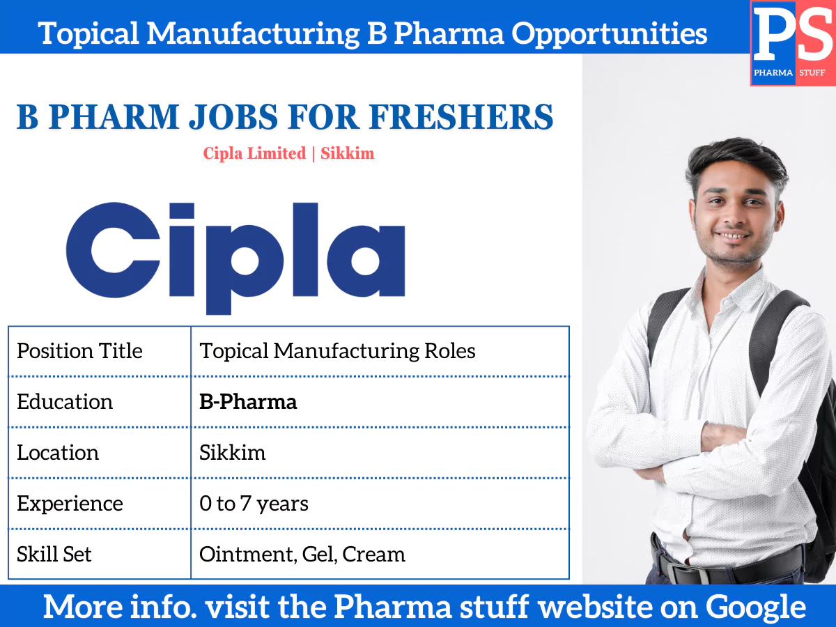 Cipla jobs for B Pharm freshers: Topical Manufacturing 2 Cipla jobs for B Pharm freshers Topical Manufacturing