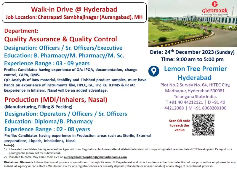 Glenmark Pharma Walk-In Drive QA, QC, Production Opportunities in Hyderabad