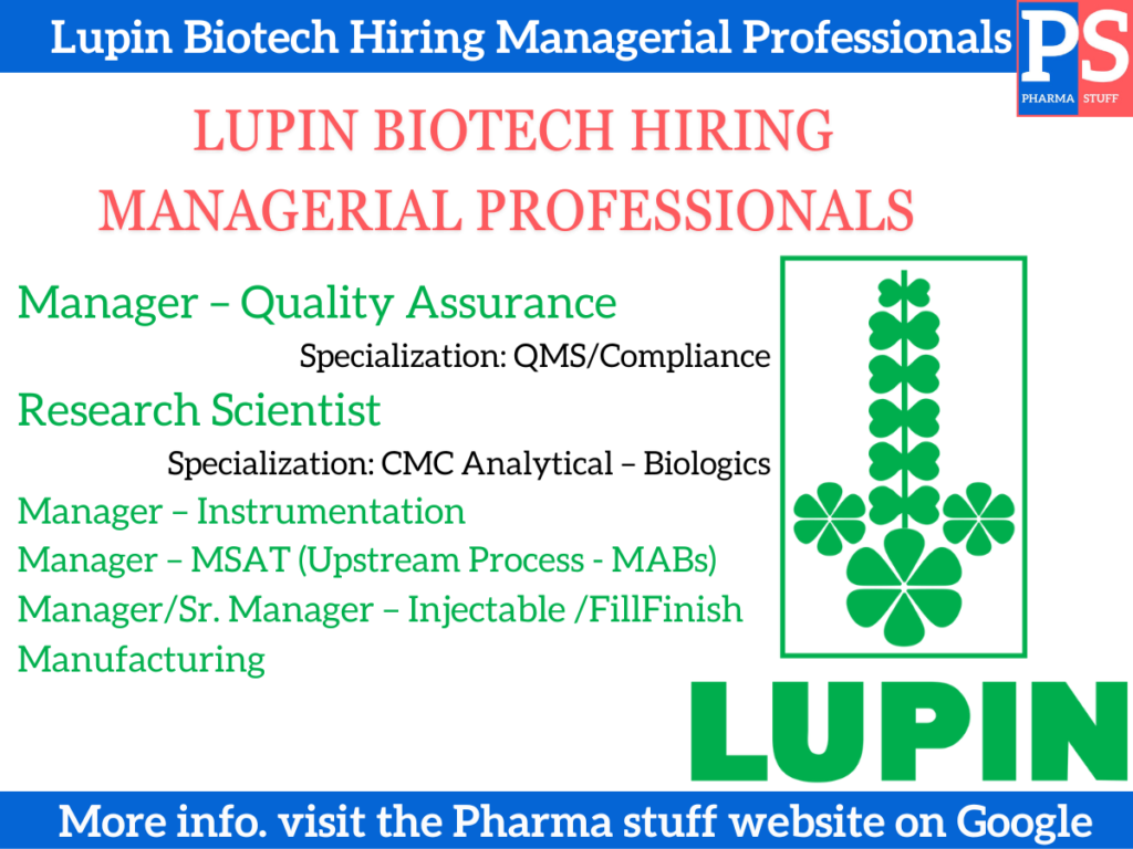 Lupin Biotech Hiring Managerial Professionals
