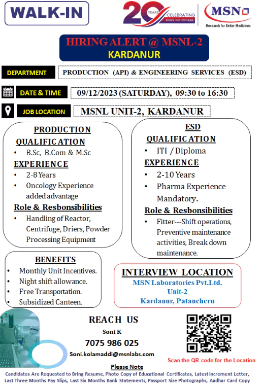 MSN Laboratories Walk-In interview for Production & Engineering Services