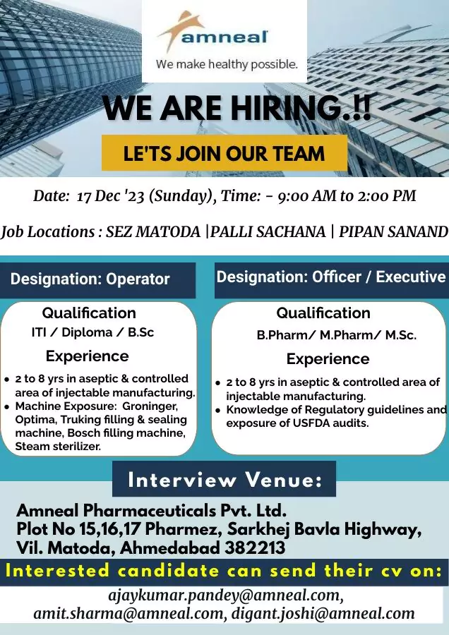 Amneal Pharma Jobs - Walk-In Drive in Matoda