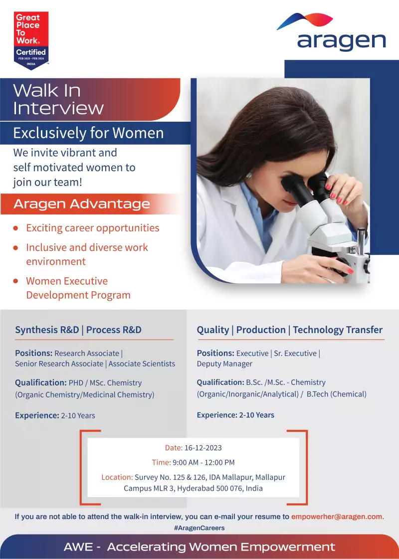 Aragen Life Sciences Walk-In Interview Exclusively for Women 2 Exclusive Walk-In Interview for Women at Aragen Life Sciences