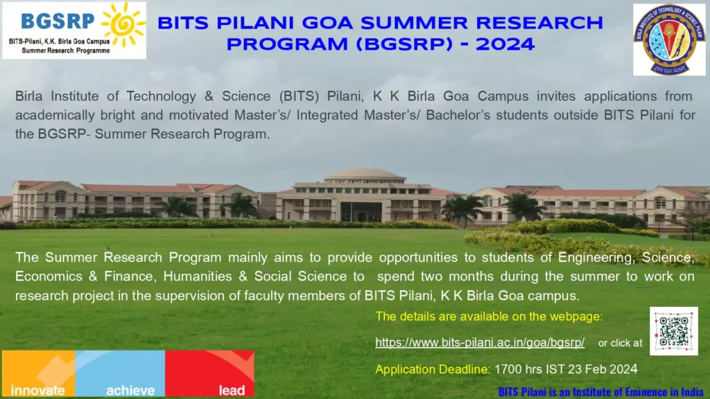 BITS Pilani Goa Summer Research Program (BGSRP) 2024