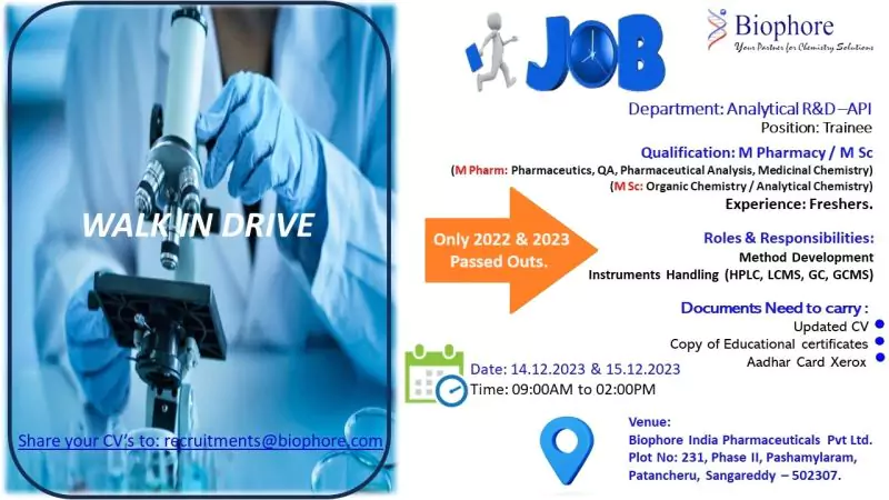 M Pharmacy/M Sc Fresher Jobs at Biophore, Hyderabad