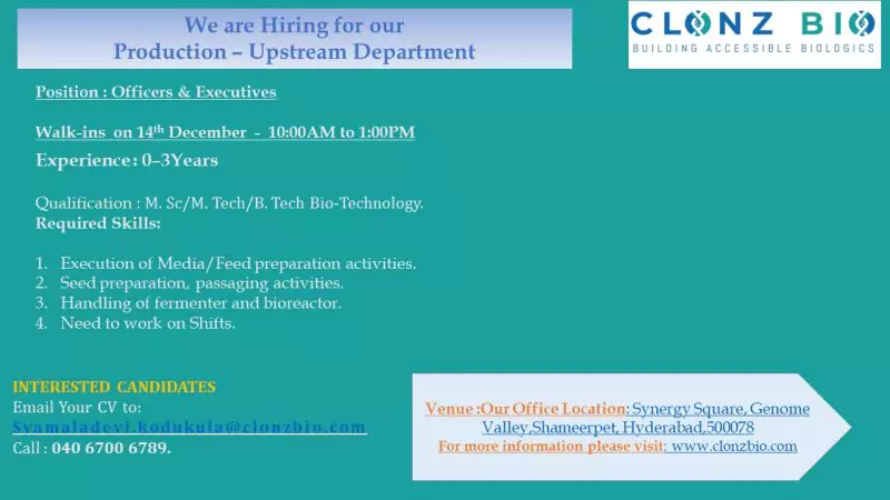 Clonz Biotech Fresh Opportunities - Walk-In for Bio-Tech Fresher