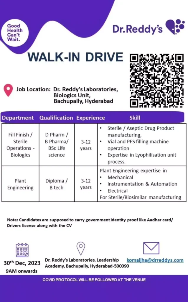 Walk-In Drive at Dr. Reddy's Laboratories, Hyderabad