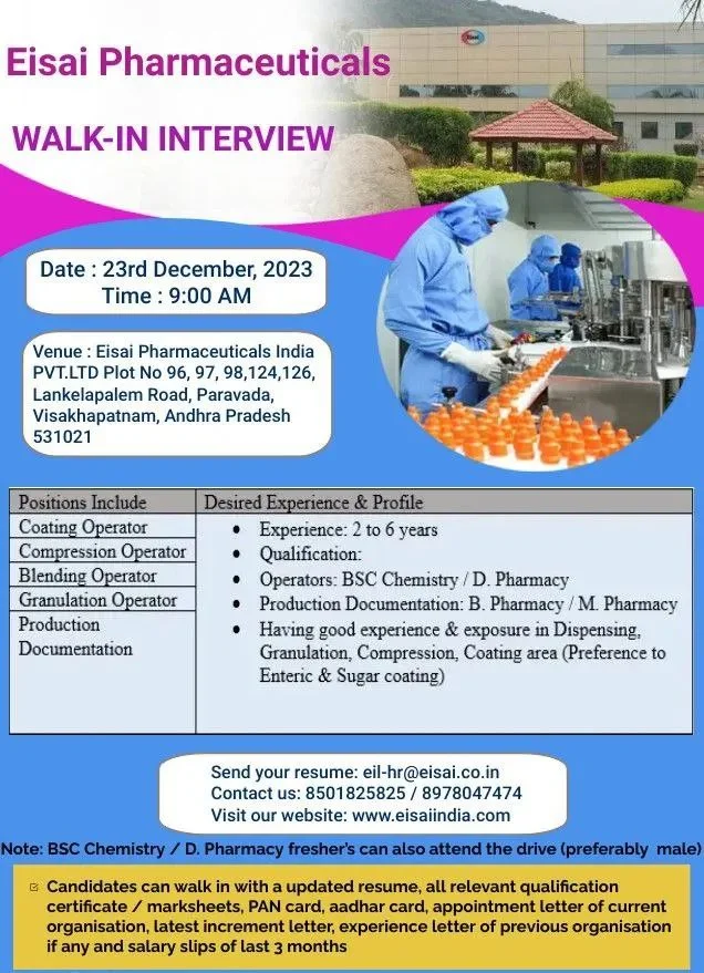 Eisai Pharmaceuticals Walk-In Interview in Visakhapatnam