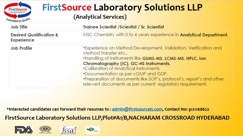 MSc Chemistry vacancy as Trainee Scientist /Scientist / Sr. Scientist ( Analytical) in Hyderabad