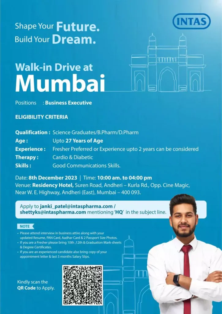 INTAS in Mumbai for an exclusive Walk-in Drive on December 8th, 2023, targeting Science Graduates, B Pharm, and D.Pharm professionals for the role of Business Executive. Explore eligibility criteria, therapeutic focus, and application details.