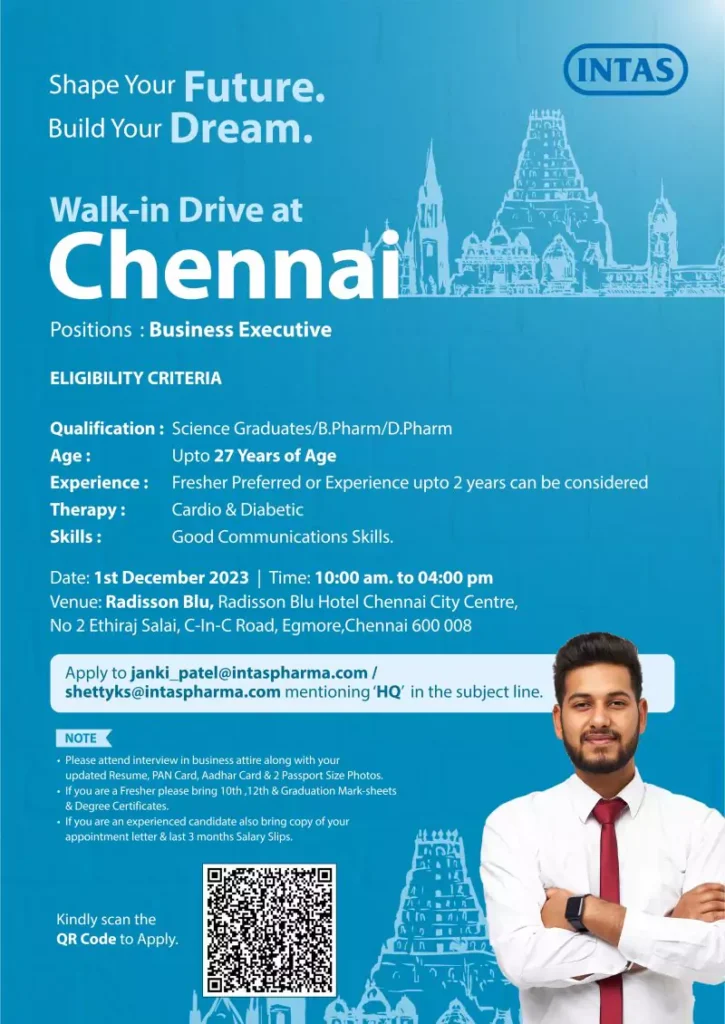 INTAS Walk-in Drive for B Pharm/D.Pharm/Science Graduates in Chennai as Business Executive