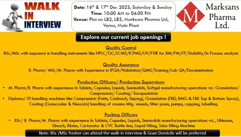 marksans pharma goa vacancy: walk in for QC, QA, Production, and Packing