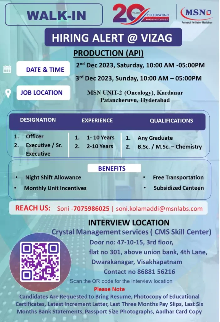MSN Laboratories Walk-in Drive Vizag: Explore Exciting Opportunities in Pharmaceutical Production