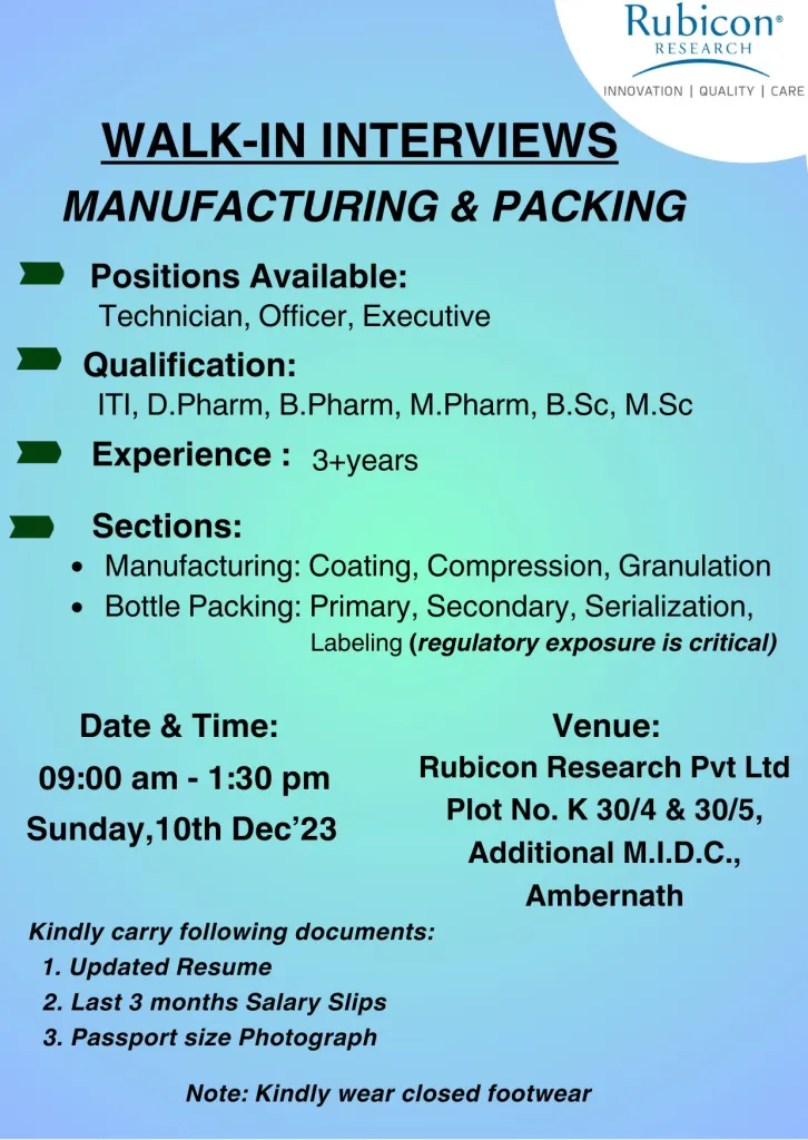Rubicon Research Walk-In Interviews for Manufacturing & Packing Roles