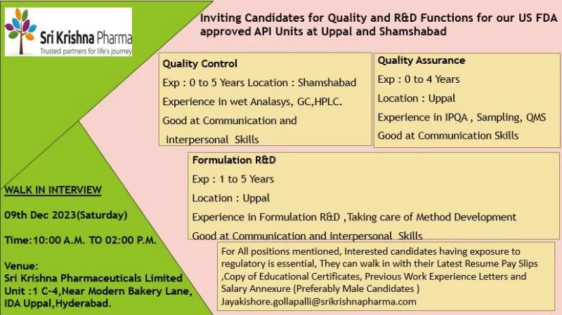 Walk-in Drive for QC, QA, and FR&D at Sri Krishna Pharma Hyderabad