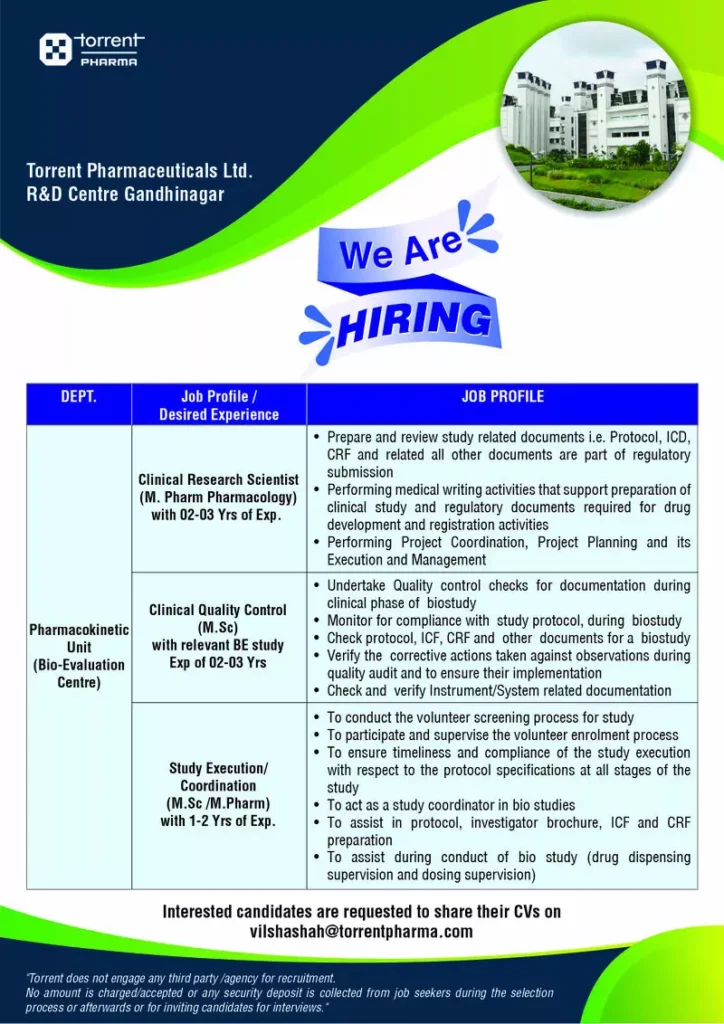 Torrent Pharma Vacancies in Pharmacokinetics