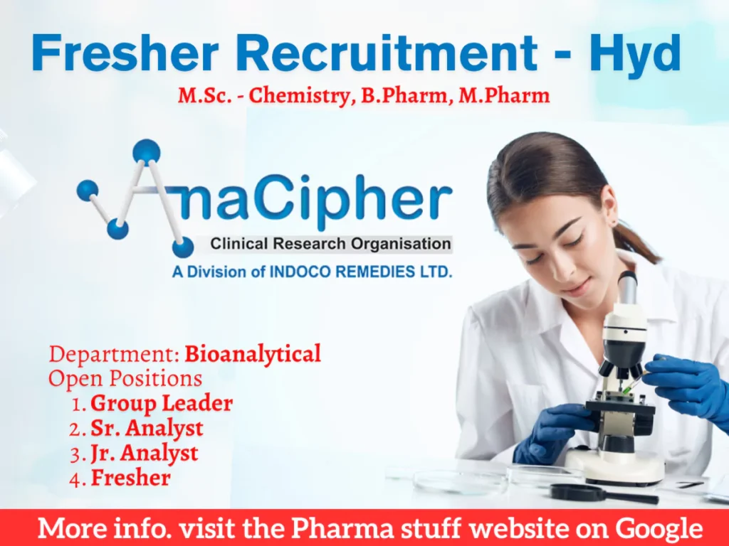 AnaCipher Hyderabad hiring for Bioanalytical Department - B Pharm, M Pharm, MSc Chemistry