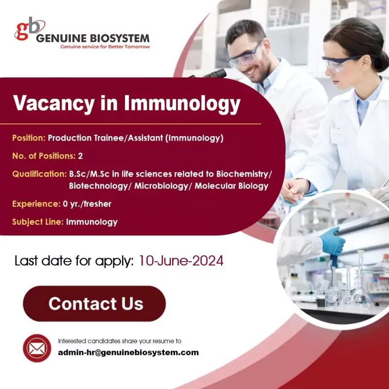 Fresher Vacancy in Immunology in Chennai Production Trainee/Assistant 2 Fresher Vacancy in Immunology in Chennai: Production Trainee/Assistant (Immunology) Hiring