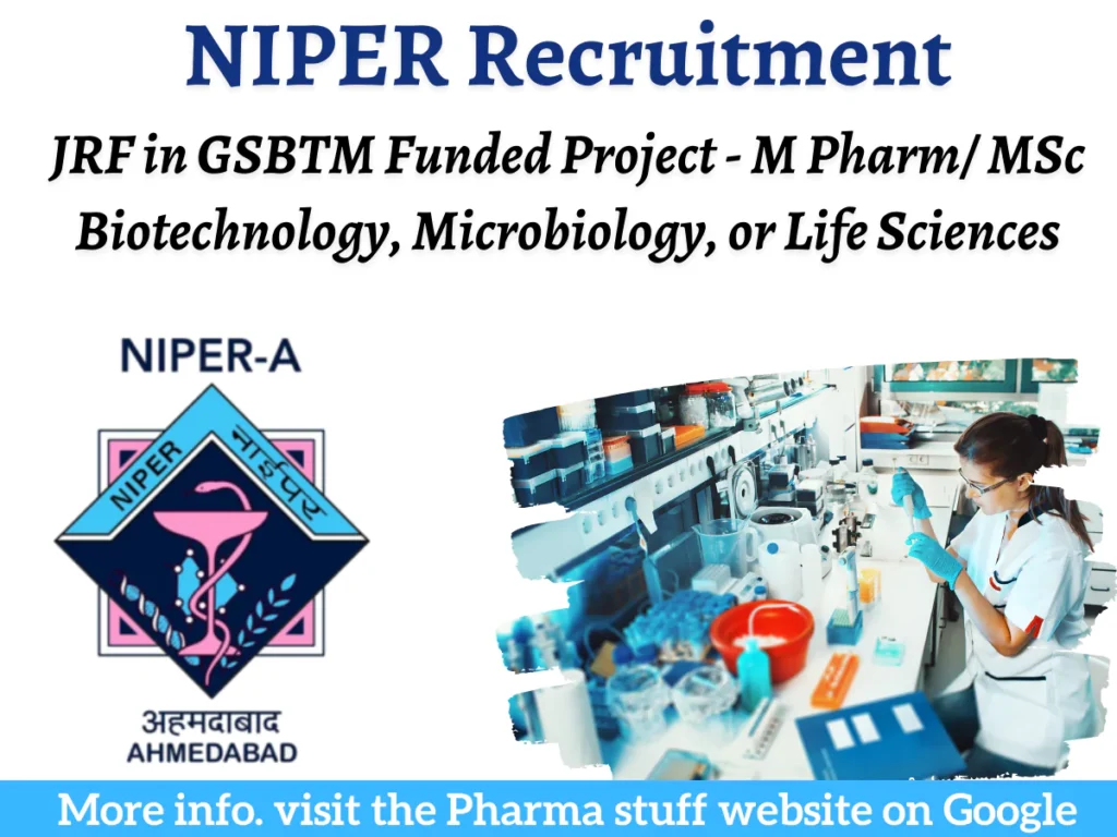 NIPER-Ahmedabad JRF Recruitment | GSBTM Funded Project | M Pharm/ MSc Biotech, Microbiology