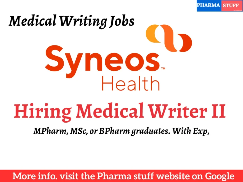 Syneos Health Hiring Medical Writer II | MPharm, MSc, BPharm Graduates