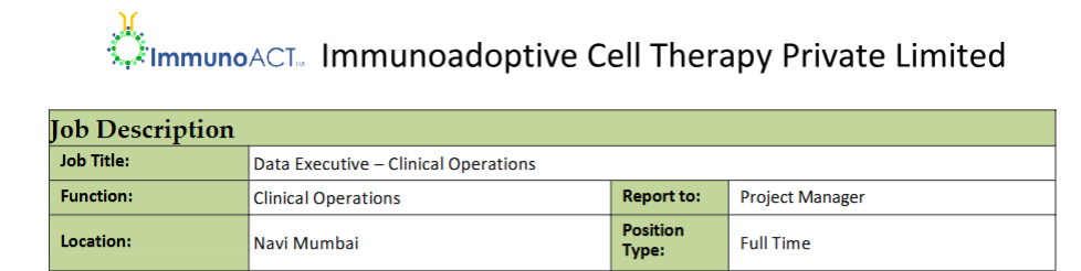 Data Executive – Clinical Operations hiring at ImmunoACT