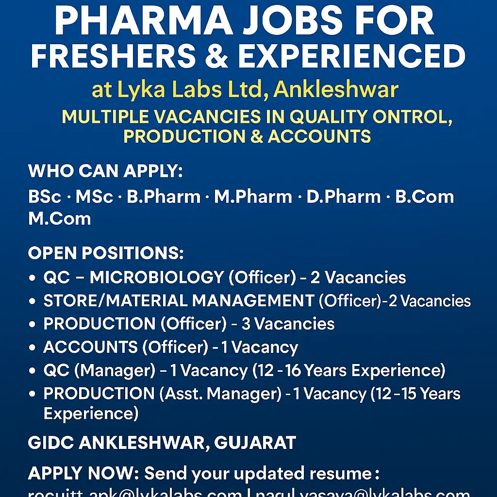 Lyka Labs Multiple Vacancies in Quality Control, Production & Accounts