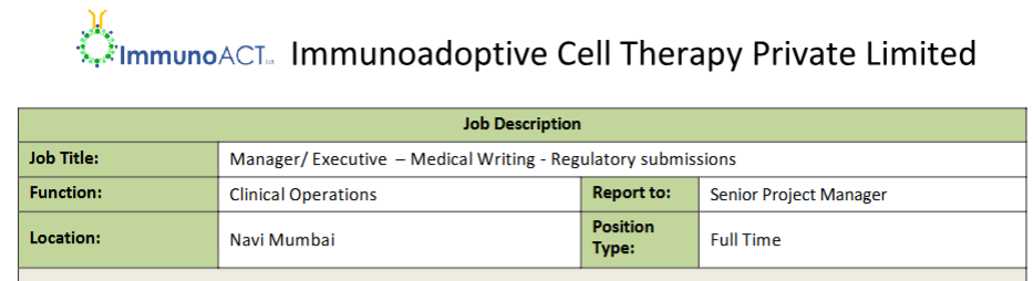Medical Writing ManagerExecutive Opportunities at ImmunoACT