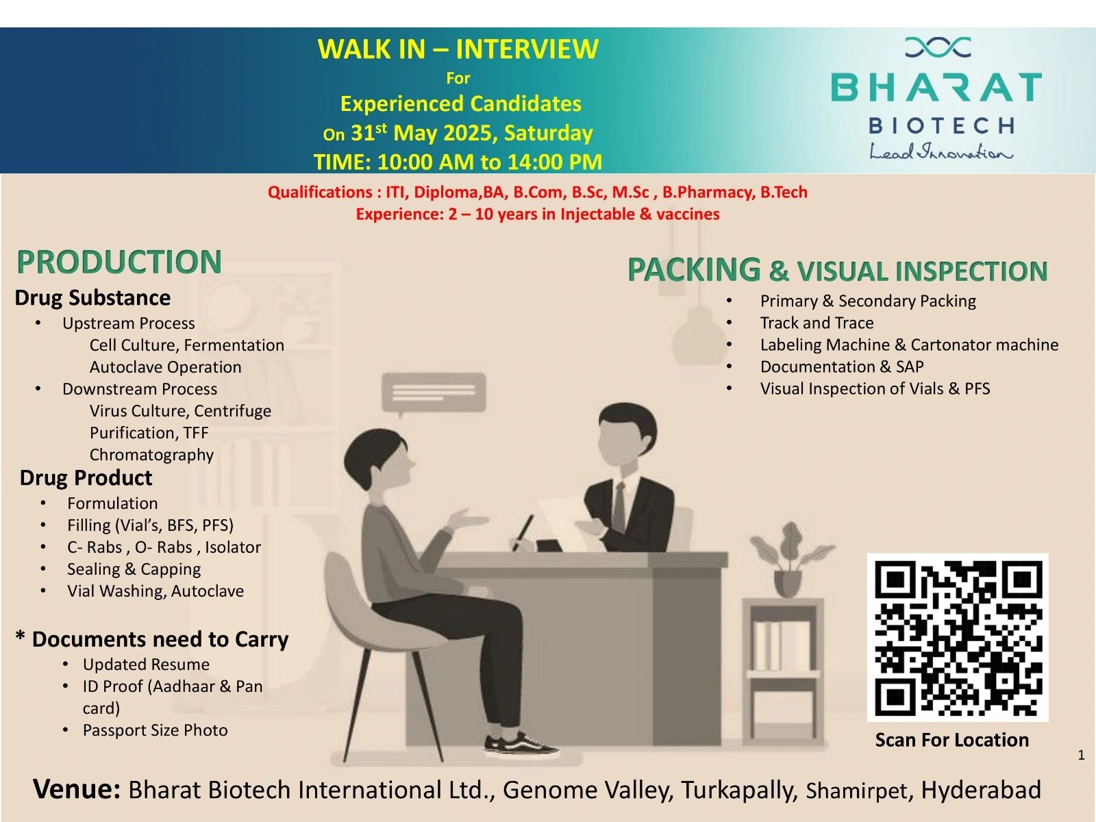 Bharat Biotech Walk-In Drive Production & Packing Roles 3 Bharat Biotech Walk-In Drive Production & Packing Roles