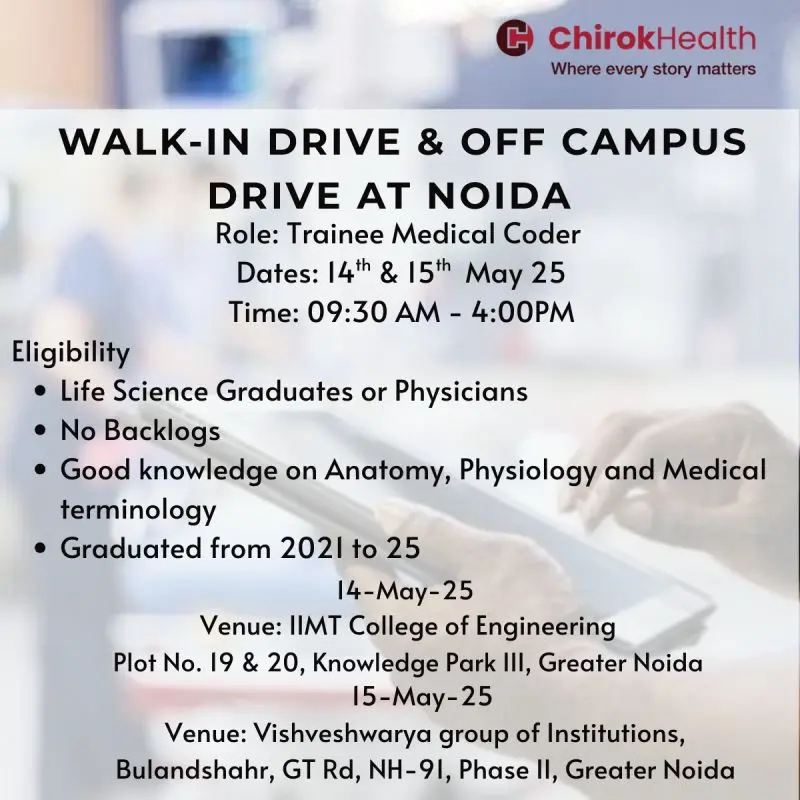 Trainee Medical Coder Off-Campus Drive - ChirokHealth 3 Life Science Pharma Freshers Wanted ChirokHealth Off Campus Drive for Trainee Medical Coder