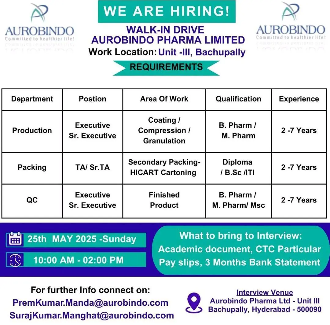 Aurobindo Pharma Walk-In Drive for Production, QC, and Packing Roles 3 Aurobindo Pharma Walk-In Drive: Opportunities for Pharma & Science Graduates in Hyderabad