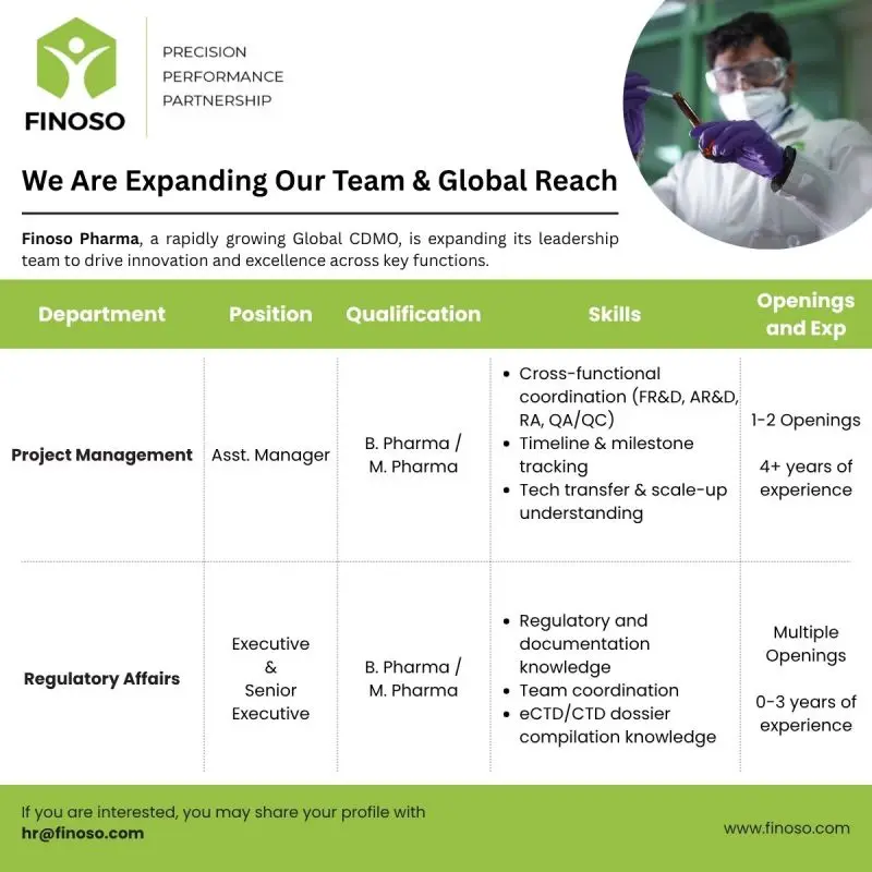 Finoso Pharma Fresher Wanted | Regulatory Affairs & Project Management 2 Finoso Pharma Hiring B Pharm/M.Pharm Graduates | Regulatory Affairs & Project Management Jobs | CDMO Career Opportunity in Hyderabad