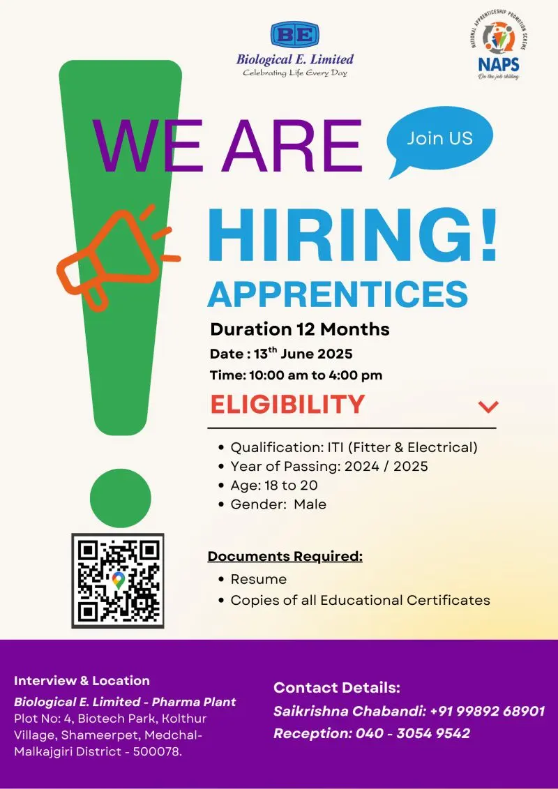 ITI Apprentice Jobs at Biological E Limited 3 ITI Apprentice Jobs at Biological E Limited