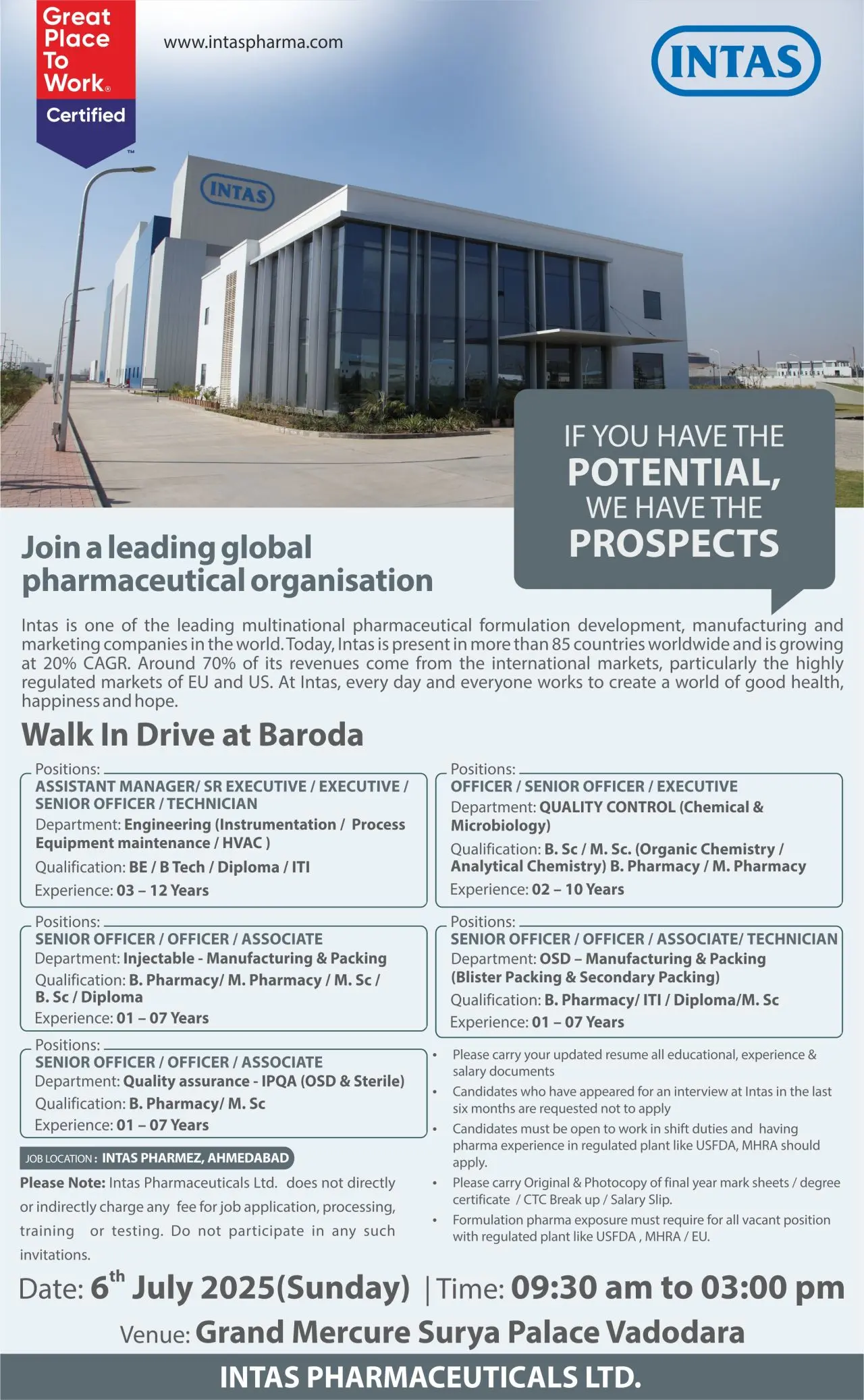 Intas Pharmaceuticals – Walk-In Drive in Vadodara for Multiple Pharma Openings 2 Intas Pharmaceuticals – Walk In Drive in Vadodara for Multiple Pharma Openings 1