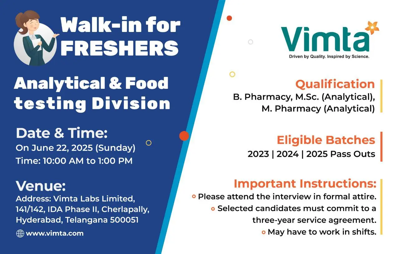 Vimta Labs Hiring Freshers | B Pharmacy, M Pharmacy , MSc. Analytical Graduates 3 Vimta Labs Hiring Freshers | B Pharmacy, M.Pharmacy (Analytical), MSc. Analytical Graduates