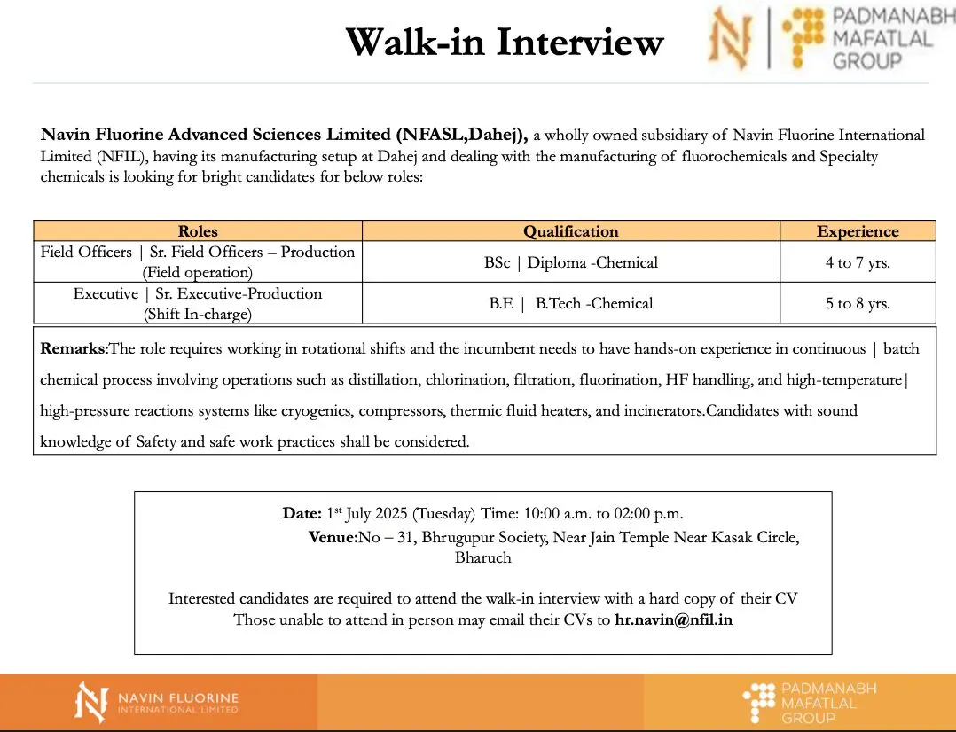 Walk-In Interview for Production Roles at Navin Fluorine Advanced Sciences Ltd – Dahej Plant 2 Walk-In Interview for Production Roles at Navin Fluorine Advanced Sciences Ltd – Dahej Plant