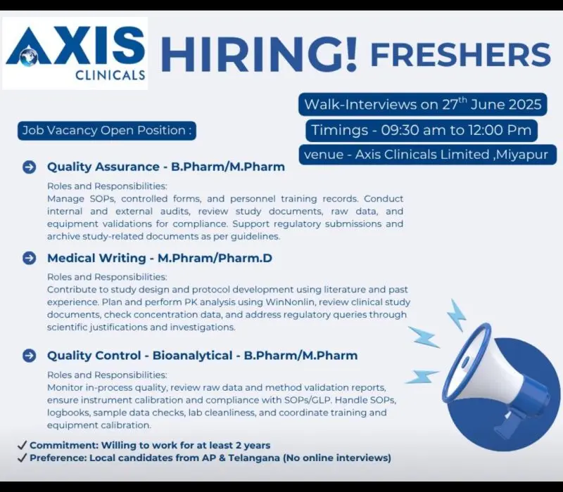 B Pharm, M Pharm, Pharm D Freshers Hiring at Axis Clinicals – QA, QC & Medical Writing 2 B Pharm, M.Pharm, Pharm.D Freshers Hiring at Axis Clinicals – QA, QC & Medical Writing