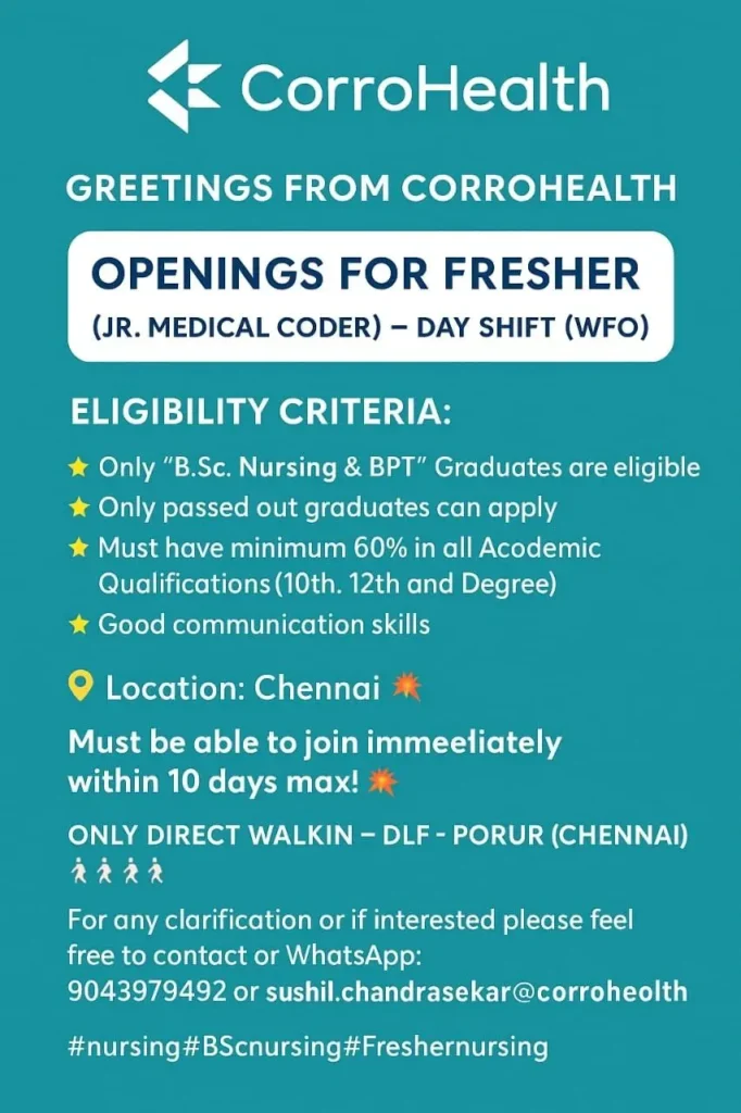 Medical Coding Jobs for BSc Nursing & BPT Freshers | Jr. Medical Coder at CorroHealth