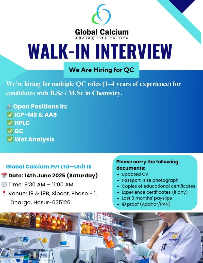Global Calcium Hiring for Production, Quality Assurance, and QC roles 3 global calcium jobs