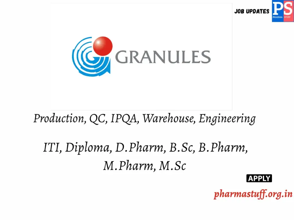 BSc, MSc, B Pharm, M.Pharm, Diploma Candidates – Multiple Openings in Production, QC, IPQA, Warehouse & Engineering at Granules India, Hyderabad
