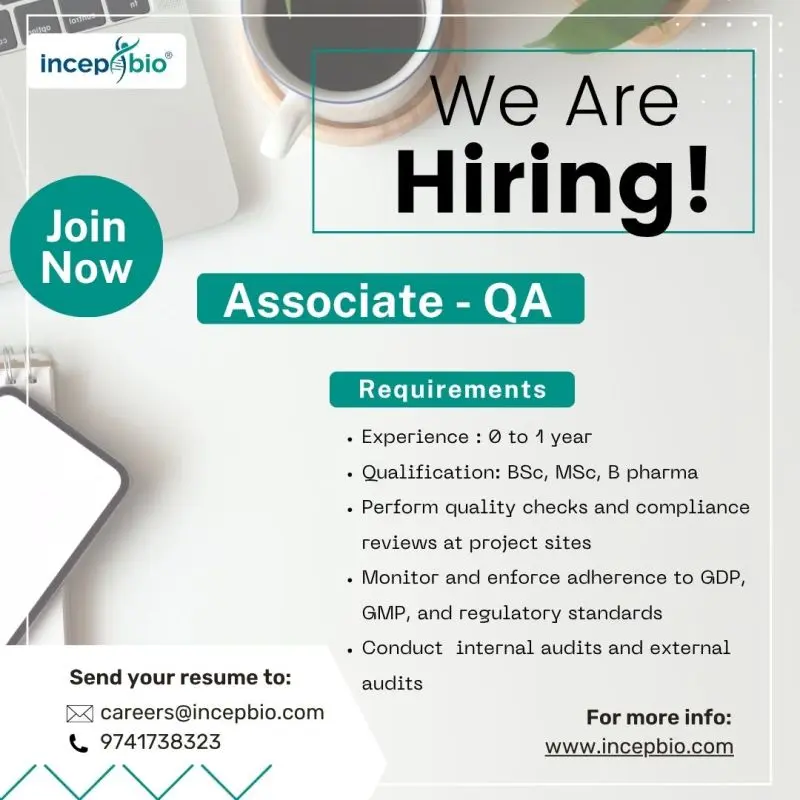 Associate QA Jobs for BSc, MSc, B Pharma Freshers | Incepbio Bangalore Vacancy 2025 2 Associate QA Vacancy at Incepbio, Bangalore – Freshers Welcome