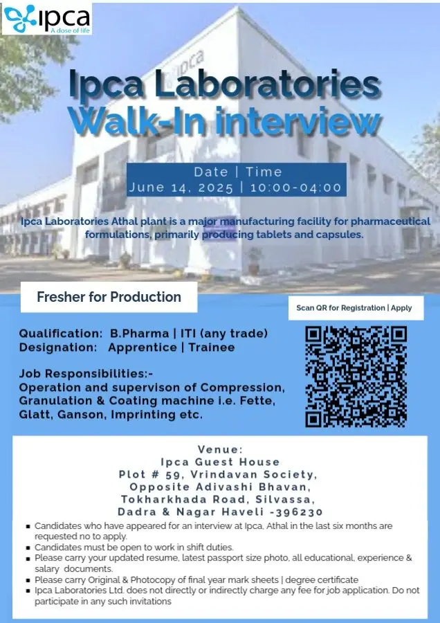 Ipca Laboratories Walk-In | B Pharma & ITI Apprentice Freshers Wanted 3 ipca-laboratories-fresher-production-walkin