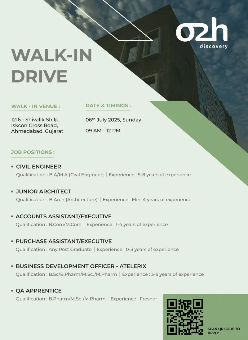 O2h Discovery Walk-in Drive | Multiple Vacancies | B Pharm, M Pharm, BCom, BSc, MSc 2 O2h Discovery walk-in drive on 6th July 2025 in Ahmedabad. Hiring B Pharm, M.Pharm, BSc, MSc, B.Com, B.Arch, Civil Engineers