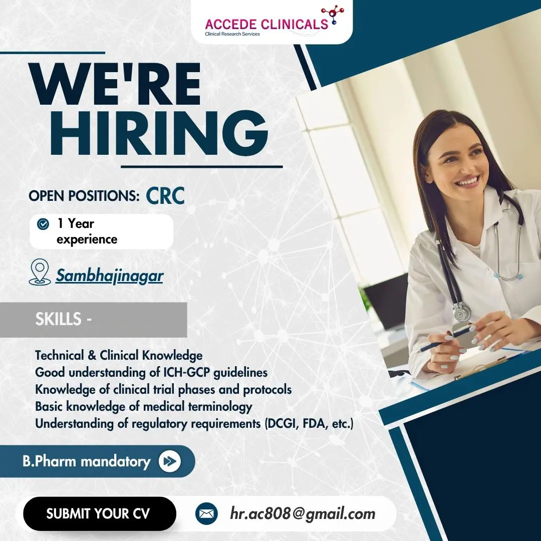 Accede Clinicals Hiring Clinical Research Coordinator (CRC) 2 Accede Clinicals Hiring Clinical Research Coordinator (CRC) (1)